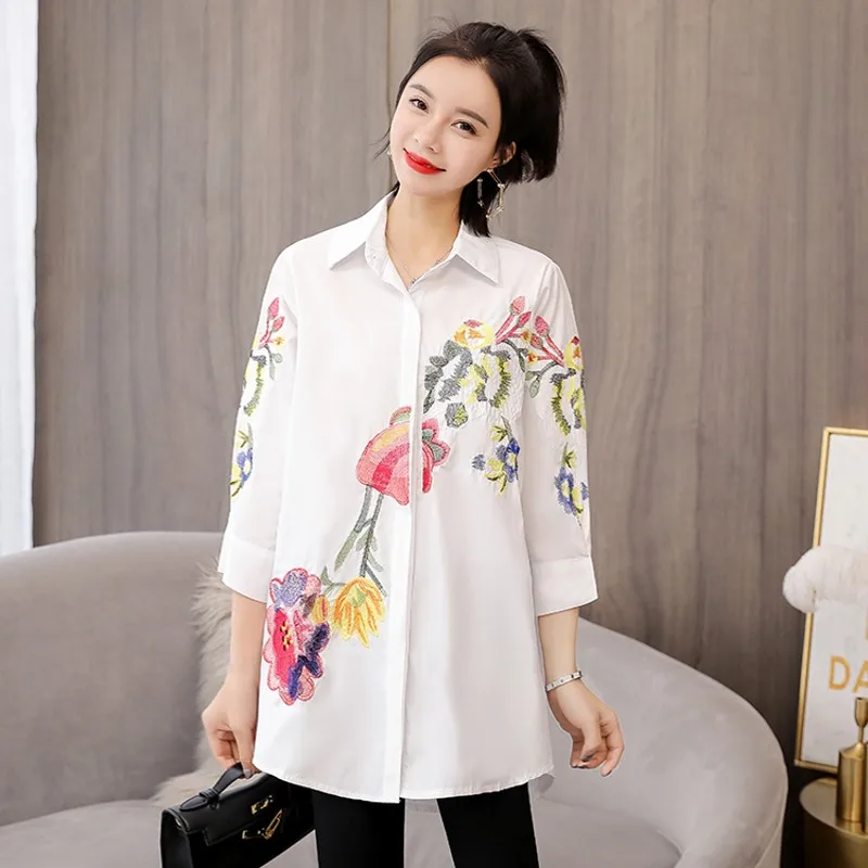 

Ethnic Vintage White Floral Embroidered Blouses For Women Loose Half Lantern Sleeve Shirt Women Cotton Linen Top Casual Blusas