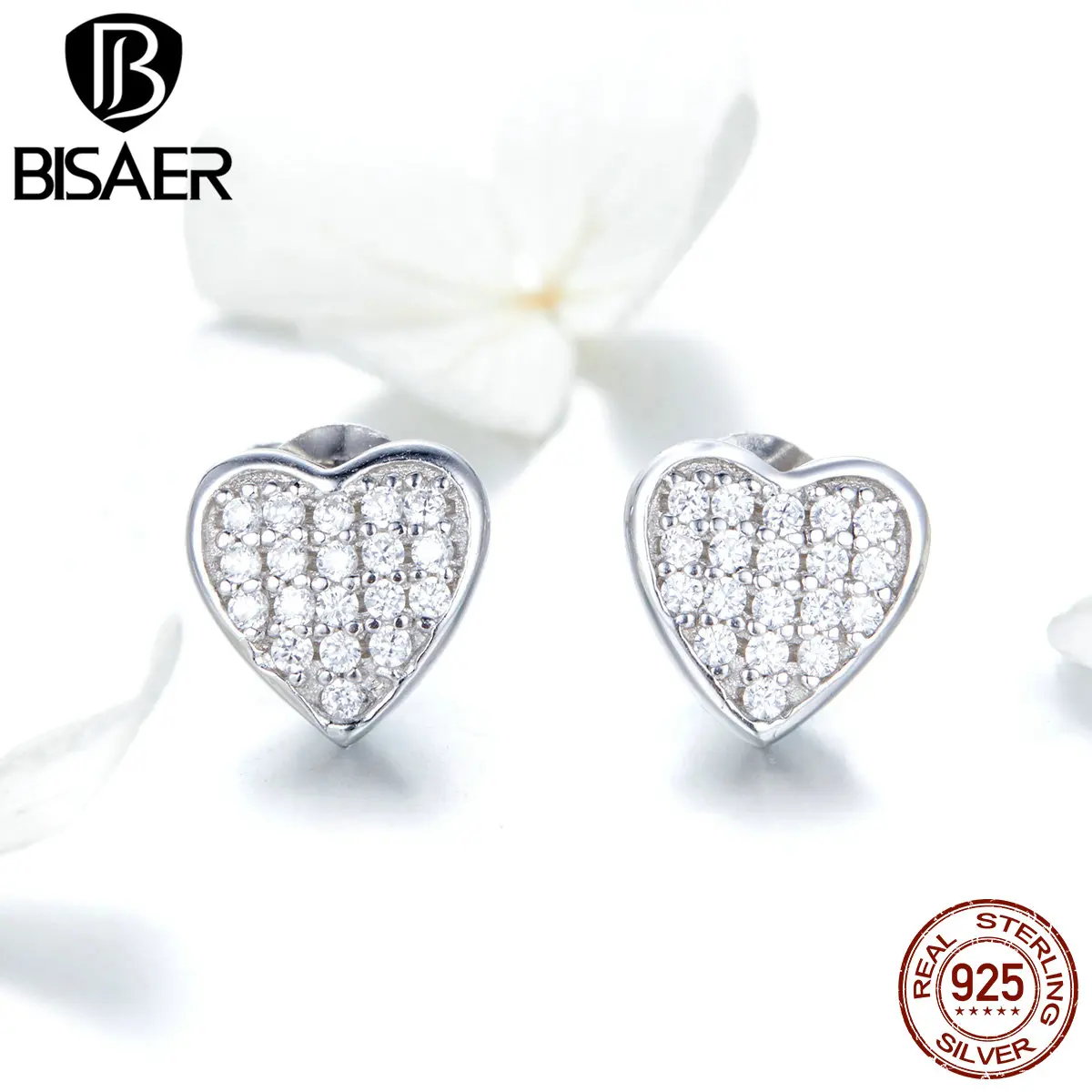 BISAER подлинные 925 пробы серебряные светящиеся маленькие серьги-гвоздики с сердечком для женщин, прозрачные циркониевые серьги, ювелирные изделия ECE559