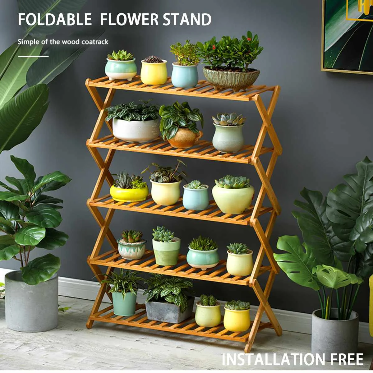 2/3/4/5 Tiers Foldable Natural Plant Stand Flower Pot Decor Shelf Garden Balcony Planter Flower Pot Tray Display Rack