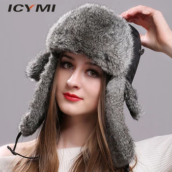

ICYMI Winter Women Men's Hats Natural Rabbit Fur Bomber Caps with Ear Flaps Snow Skiing Hat Russian Warm Fur Hats for The Winter