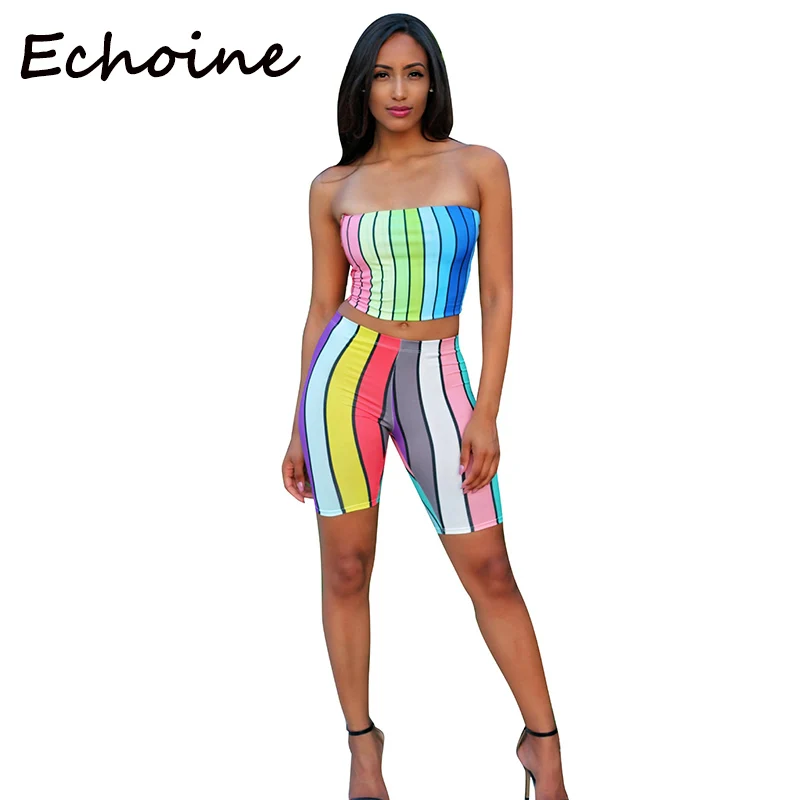 

Echoine Fashion Two Piece Set Colorful Striped Women Tracksuit Crop Top + Short Pants Women Two Piece Outfits Plus Size S-2XL
