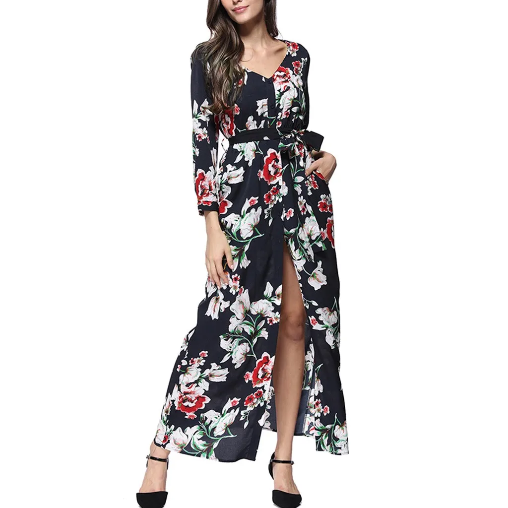 

Summer Dress 2019 Clothes For Women Elegant Black Floral Long Dress Sexy Dresses Woman Party Night Long Sleeve Party Women Dress