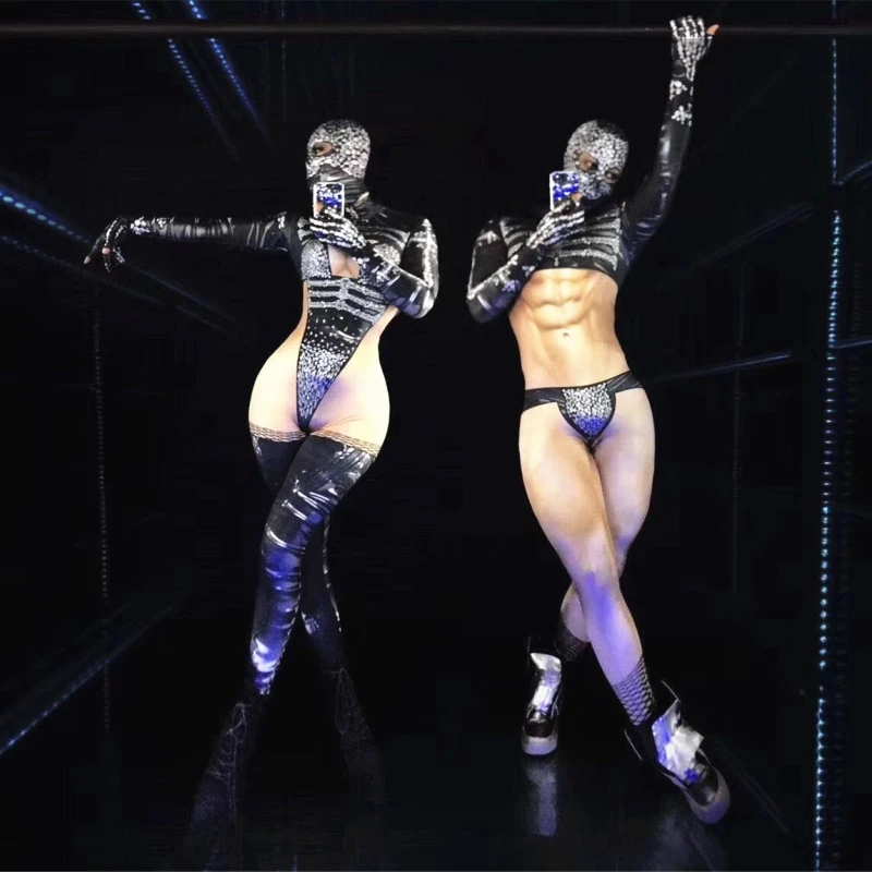 

Men Female Nightclub DJ Singer Stage Wear Pole Dancing Acrobatic Performance Costume Personality Pattern Printed Mask Jumpsuit