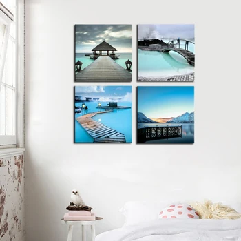 

4 Panel Wall Picture Frame Living Room Decoration Print Bridge Lake Landscape Blue Art Picture HD Giclee Print on Canvas