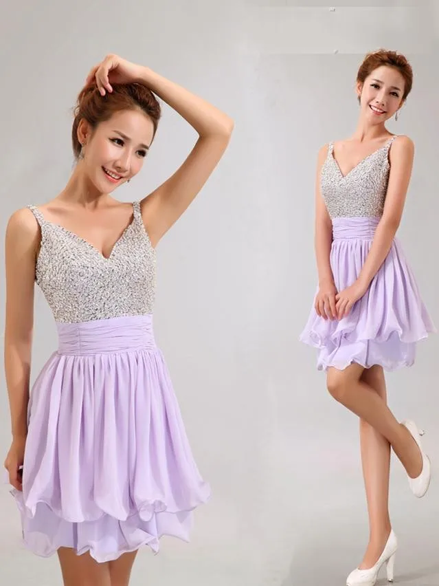 Chiffon Short Mini V Neck Sequins Beading font b Bridesmaid b font font b Dresses b
