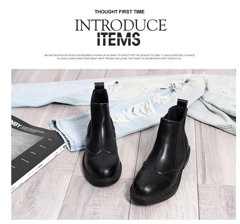 Короткие ботинки-броги в консервативном стиле с резным узором; эластичные ботильоны для девочек; botas; зимняя обувь на толстой подошве; Женские Кожаные Ботинки martin