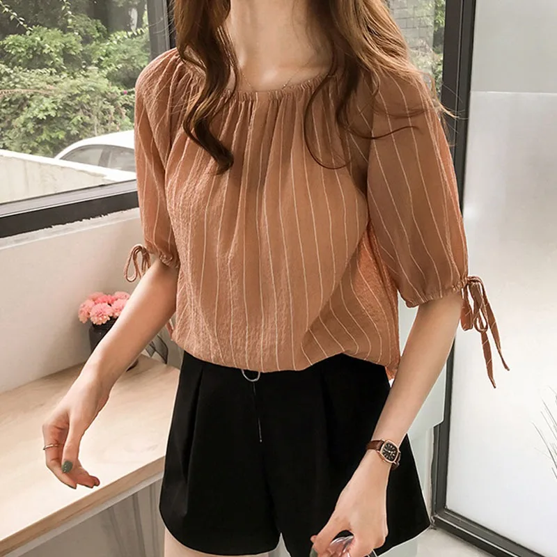 Sweet Slash Neck Ladies Blouses Striped Print Women Blouses Half Sleeve V-Neck Women Shirt 5