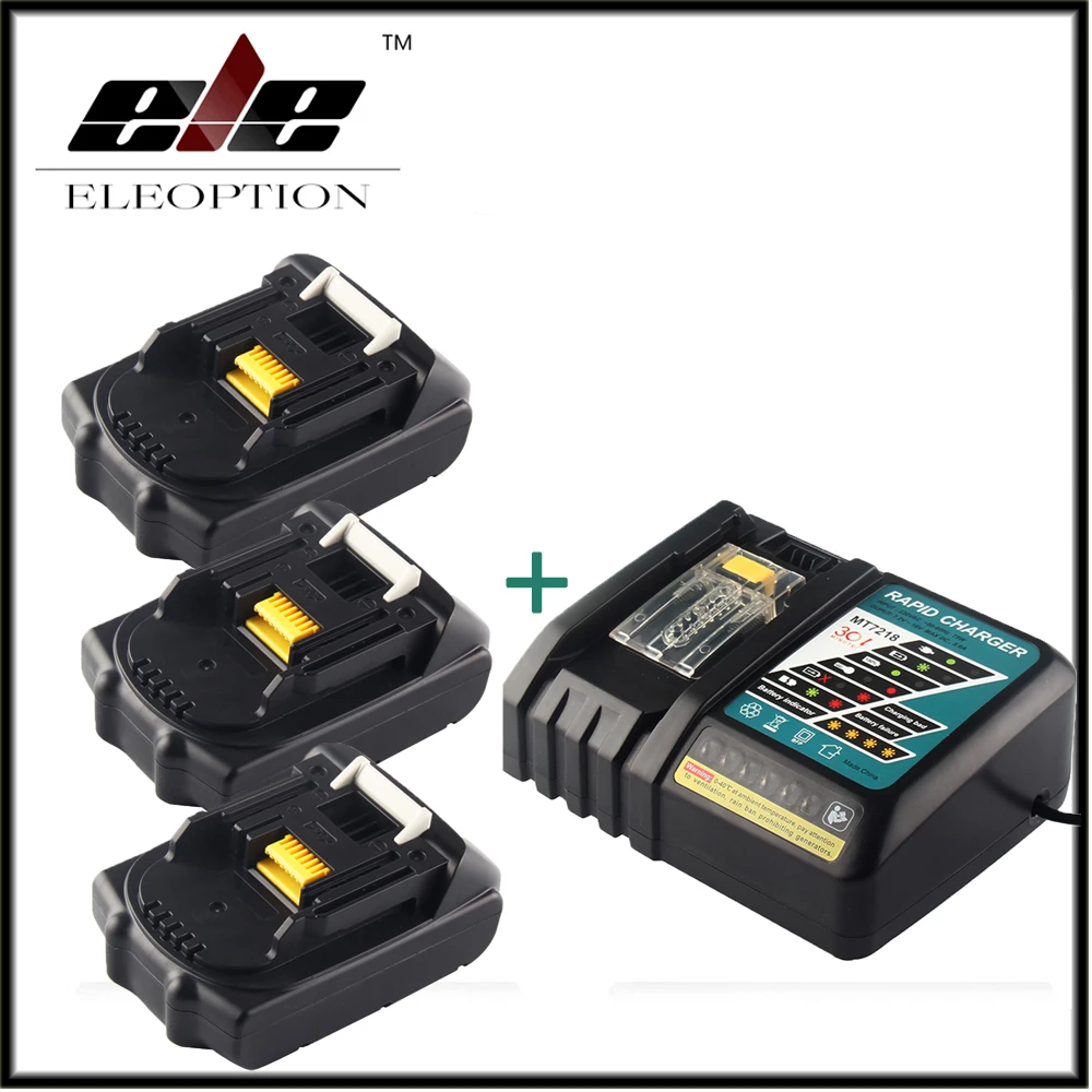 

3pcs Eleoption 18V 2000mAh Li-ion Replacement Power Tool Battery For MAKITA 194205-3 194309-1 BL1815 + 1x 7.2V-18V Charger