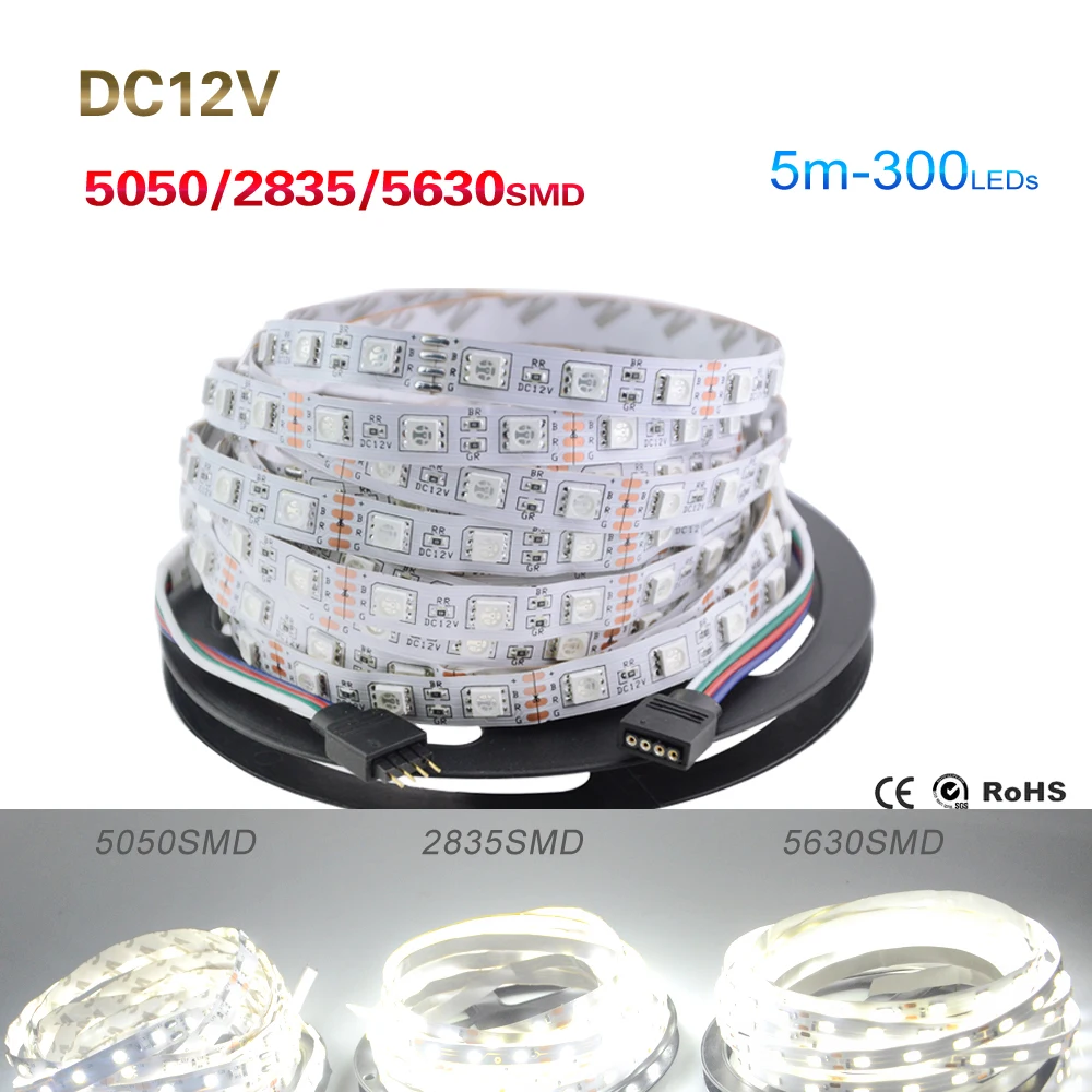 

2016 NEW 2835/5050/5630 White / Warm white RGB LED Strip 5M 60Leds/M 300Led SMD RGB Lamps DC12V flexible light