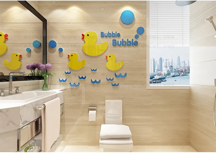 Акриловые зеркальные настенные наклейки с изображением мультяшной желтой утки для детской комнаты DIY Художественный Настенный декор для детской комнаты и ванной