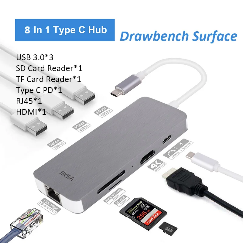 EKSA USB C USB-C концентратор с питанием типа C концентратор 4K HDMI SD/TF кард-ридер RJ45 USB 3,0 концентратор для MacBook Pro huawei P20 Pro - Цвет: 8-in-1-Drawbench