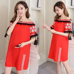 Новая модная Корейская Большие размеры для беременных летние платья бахрома слово плечо красный цвет беременная женщина платье