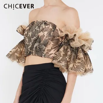 

CHICEVER Summer Sexy Off Shoulder Beading Women's Blouse Slash Neck Flare Sleeve Slim Short Female Top Clothing 2020 Korean New