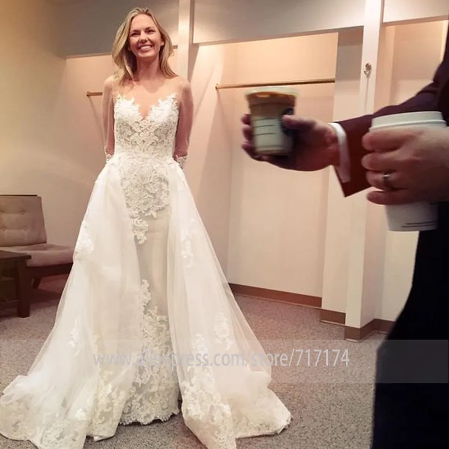 

Elegant Scoop Sheer Neckline Full Sleeves Sheath Wedding Dress with Lace Applique Backless Bridal Dress Vestido de novia