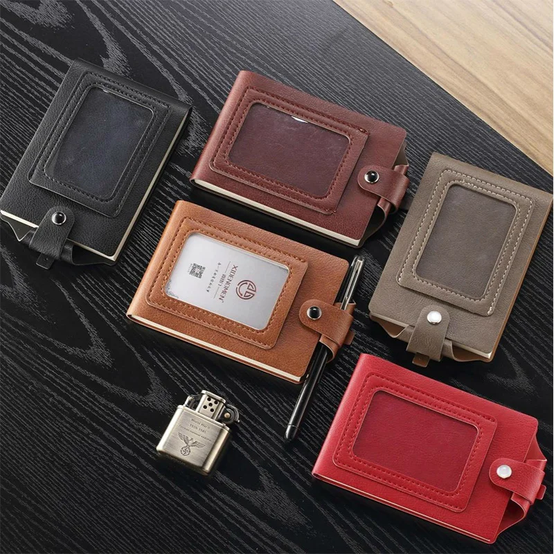 Genuine leather notebook Neck Lanyard memo pad portable writing pads diary ID card pen holder badge school office supplies