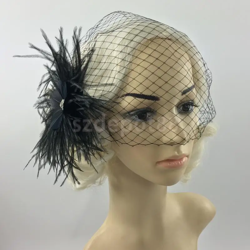 Hair Accessories Vintage Black Birdcage Veil With Feather