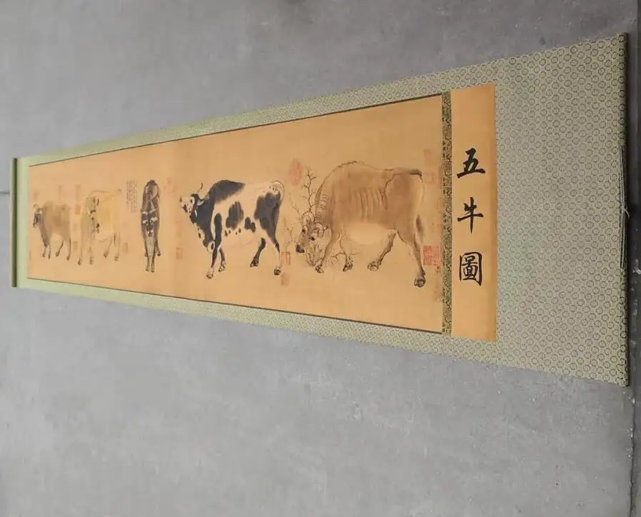 

Collection chinese old paper Calligraphy painting, Five bulls painting , home wall decoration antique painting