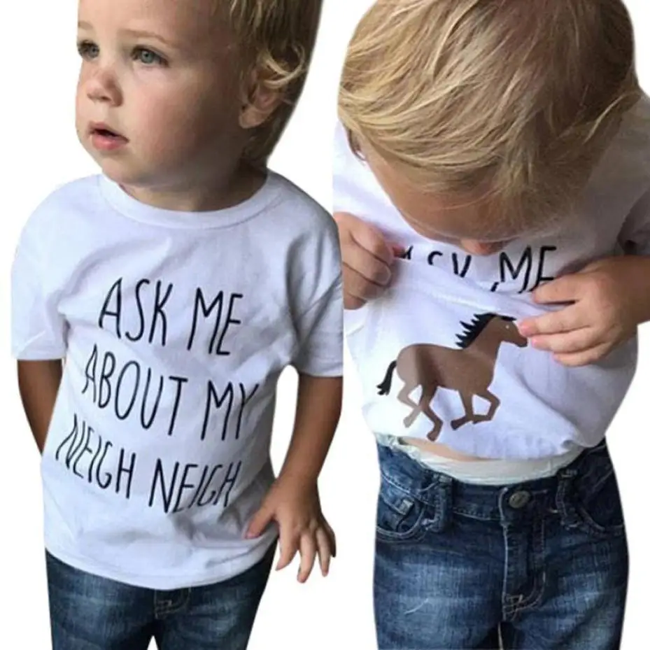 

MUQGEW Horse Inside Letter Soft Tops Baby Girls Boys Short Sleeve O-Neck Summer Clothes Shirts Cute Cotton White T-Shirt 2018