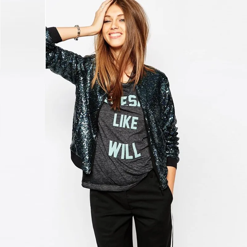 

women Bomber mujer Jackets autumn black Zipper Pockets Bling Sequins Outwear Slim Streetwear Coats Festival Costumes