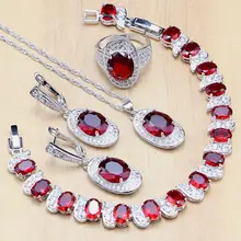 Красный Камень Белый Циркон 925 стерлингового серебра Ювелирные наборы для женщин Свадебные серьги/кулон/Кольцо/браслет/ожерелье набор