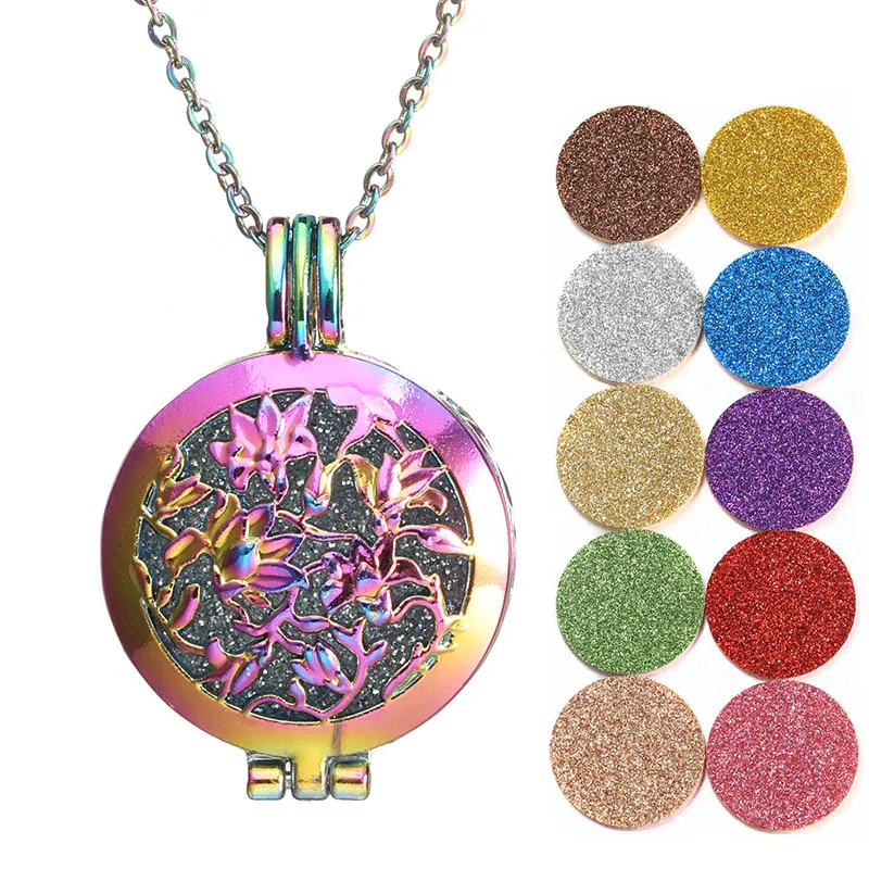 

2019 NEW Colorful Vintage Silver DIY Peony Flower Round Necklace Aromatherapy Box Essential Oil Diffuser Perfume Lockets Pendant