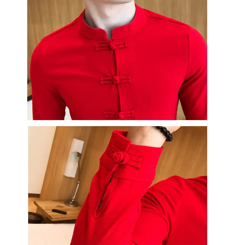 Китайская рубашка с воротником мандарин воротник длинный рукав сплошной цвет приталенная Повседневная кунг-фу Рубашка черная китайская мужская рубашка