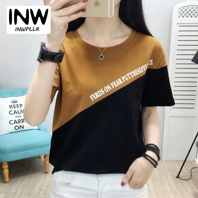 

2019 Fashion Women T-shirts Summer Letter T-shirt Printing Women Tops Tees Patchwork TShirt Lady Tshirts Plus Size Poleras Mujer