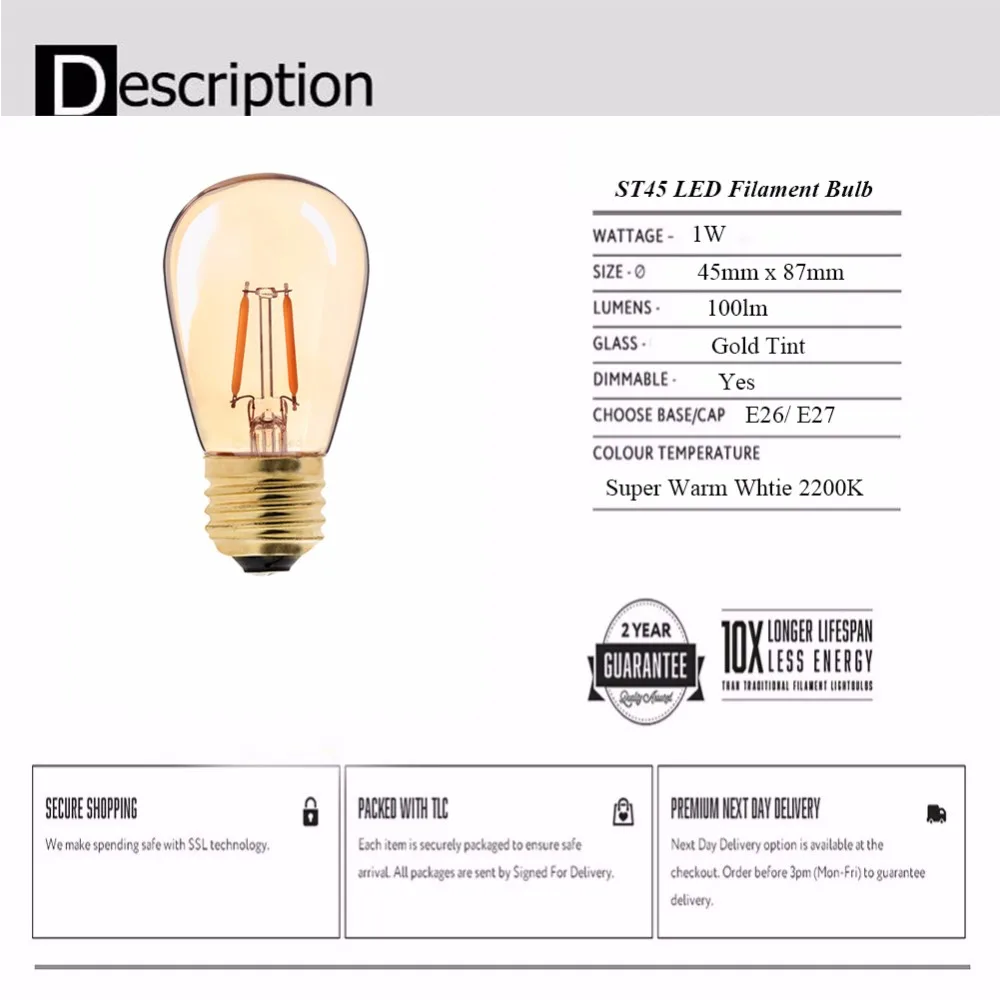 S14 1 Вт Винтаж светодиодный ламп накаливания Янтарный Стекло Edison ST45 Глобус светильник лампочка 2200K с регулируемой яркостью идеально подходит для вечерние годовщины свадьбы