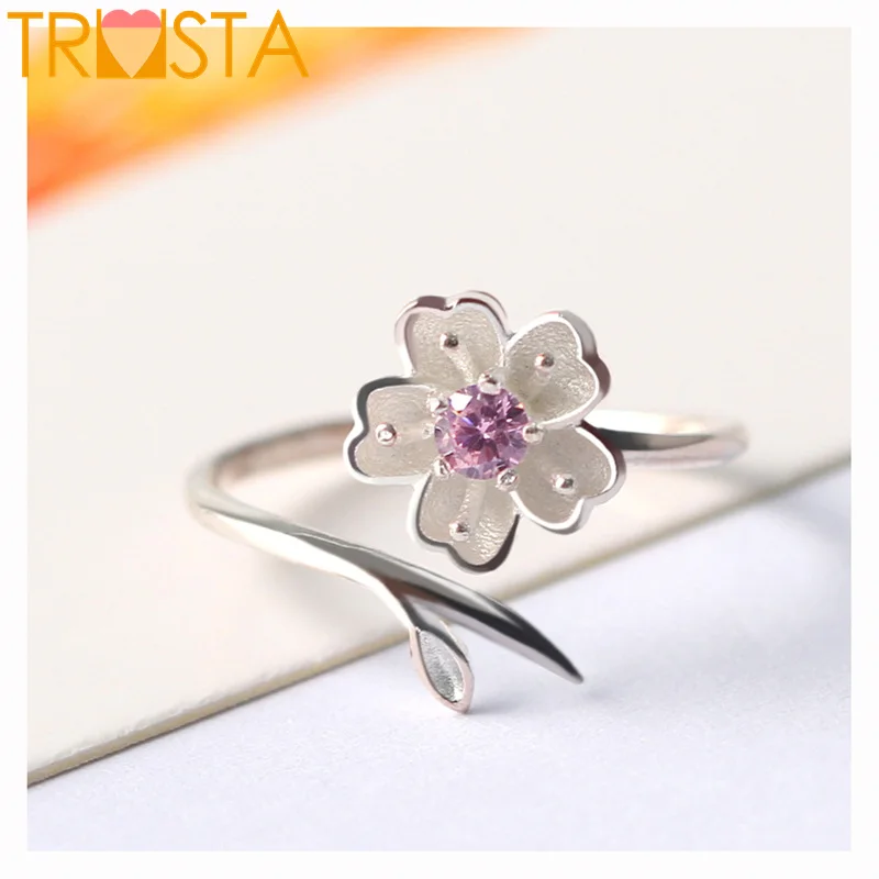 

ElfoPlataSi 100% 925 Sterling Silver Fashion Sakura With CZ Cocktail Opening Ring Sizable 5 6 7 Teen Girl Kid Xma Gift XY1006
