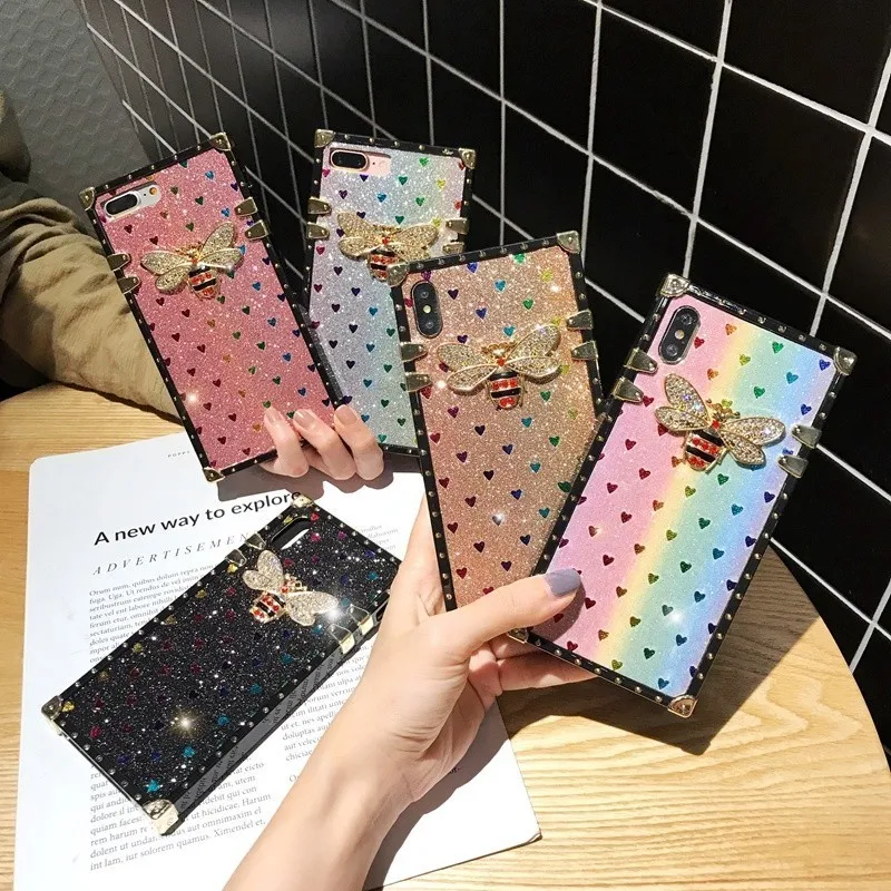 

Luxury Glitter Butterfly Phone Case For iPhone XS Max XR X Soft Shockproof Rainbow Square Diamond Cover For iPhone 7 8 Plus 6 6S