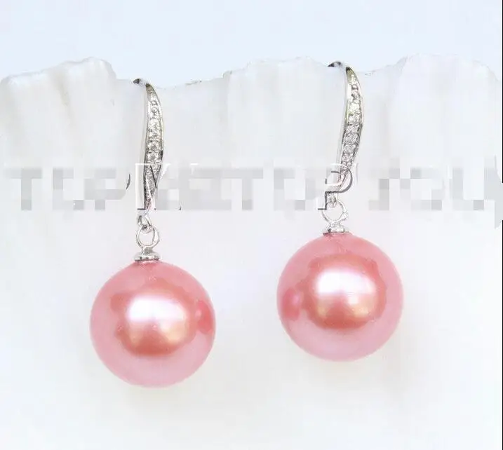 

Hot selling free shipping********Dangle 14mm round pink-red south sea shell pearl Earrings 925 silver hook E4118