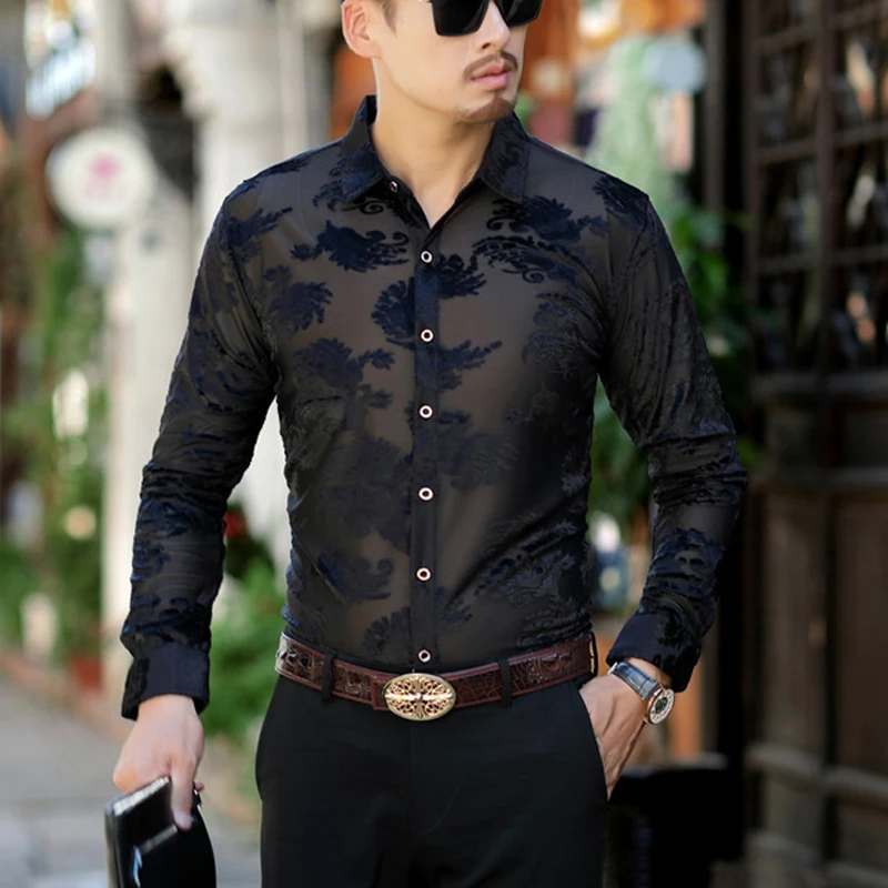 Goede Paisley Bloemen Kant Shirt Mannen 2018 Luxe Borduurwerk Transparante Heren Dress Shirts See Trough Sexy Club Party Prom Sociale Shirt