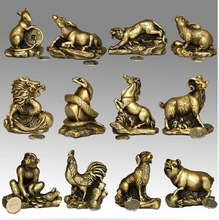 

12PC set Resin Home Gift Twelve zodiac manufacturers wholesale sets copper yellow Brass Pure copper crafts twelve decorations