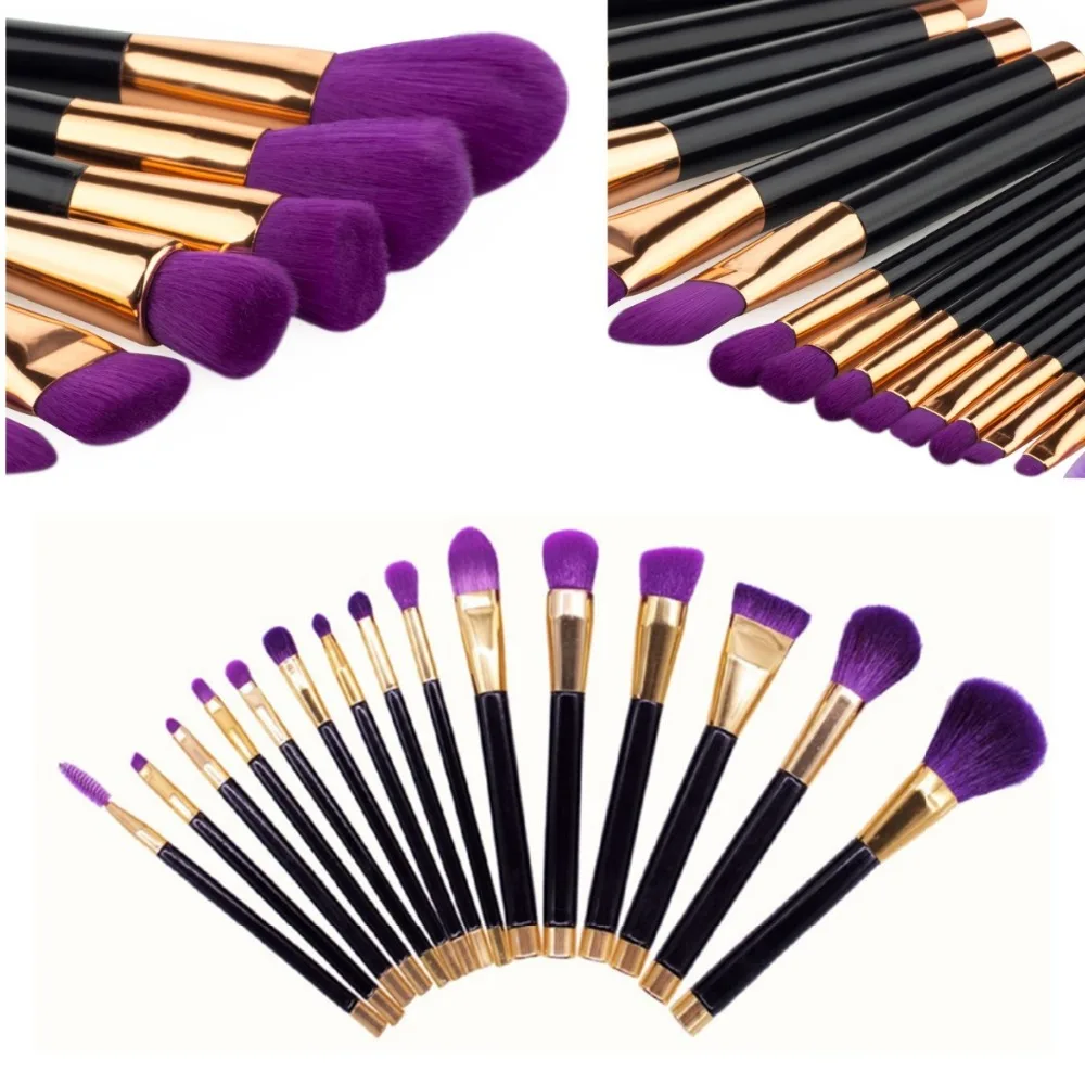 15Pcs Purple Professional Make Up Brushes Set Foundation Blusher Powder