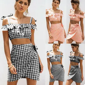 

Hirigin Summer Women Lace Up 2 Piece Bodycon Two Piece Skirt Set Bandage Dress Crop Top