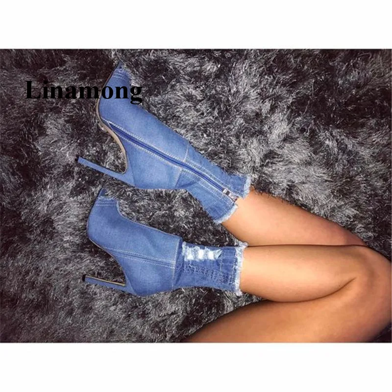 2018 New Style Boots Denim Thin High Heel Peep Toe Boots Spring Autumn Fashion Mid-Calf Boots Side Zipper High Heels Boots 2018 New Style Boots Denim Thin High Heel Peep Toe Boots Spring Autumn Fashion Mid-Calf Boots Side Zipper High Heels Boots
