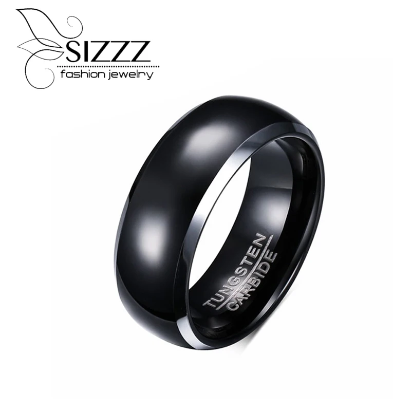 Sizzz 8mm Black Bright Smooth Tungsten Rings For Men Jewelry High