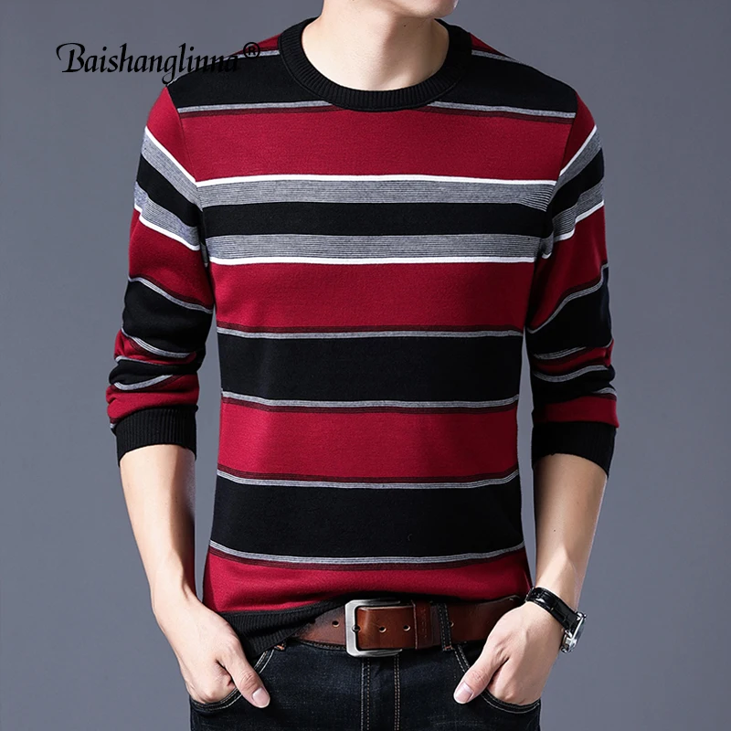 Baishanglinna Fashion Brand Sweaters Mens Pullovers O-Neck Slim Fit Jumpers Knitwear Winter Warm Striped Casual Sweater 18113