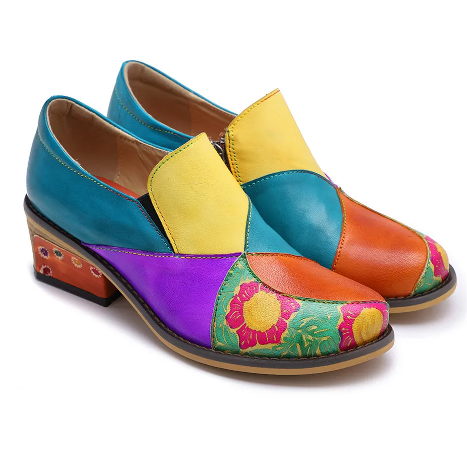 2019 New Genuine Leather Women Pumps Handmade Color Block Loafers Oxfords Shoes For Woman Med Heels Ladies Single Shoes Big Size (3)