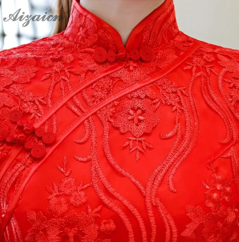 Красное Новое Кружевное платье подружки невесты Ориентал невесты длинный традиционный ченсам китайское свадебное платье Qipao Chinoise