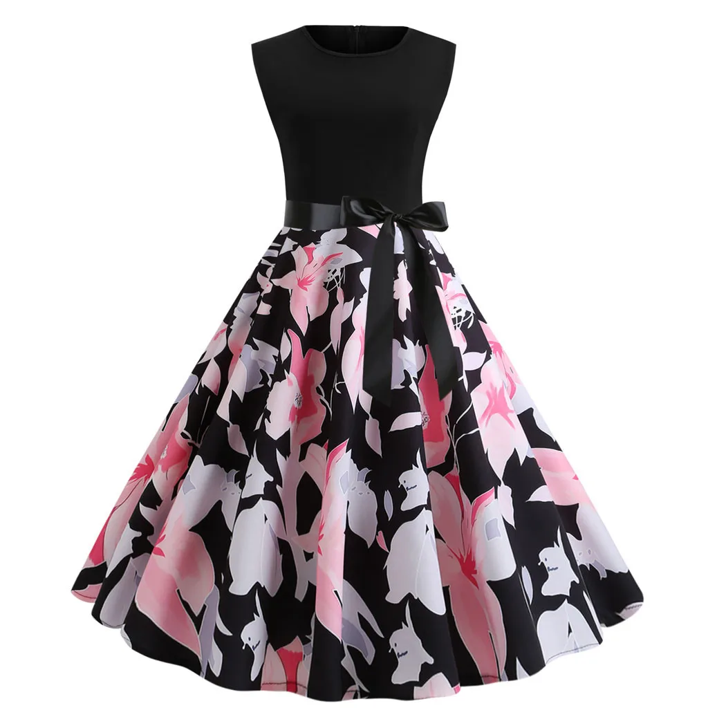 

Dress Summer Women Sexy Elegant Women's Vintage Sleeveless Print Casual Evening Party Prom Swing Dress vestito donna