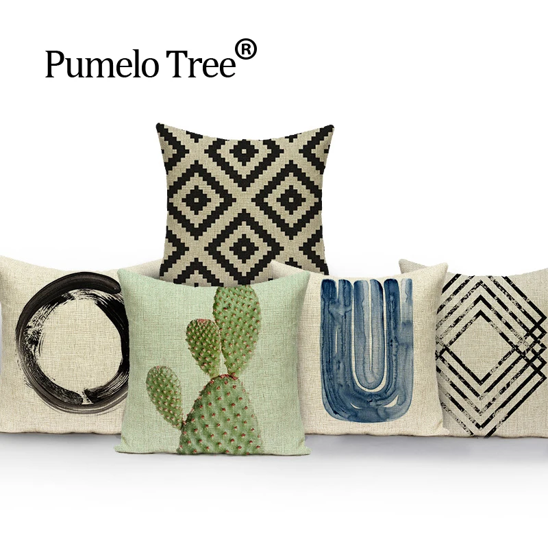 Кактус с геометрическим рисунком крышка подушки черный белый цвет для кровати