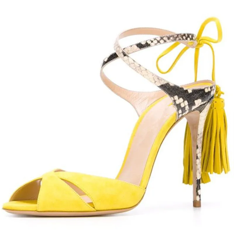 Модные летние пикантные босоножки на высоком каблуке с ремешком на щиколотке; цвет желтый, синий; босоножки с бахромой; вечерние женские туфли; женские туфли из змеиной кожи на шпильке с открытым носком
