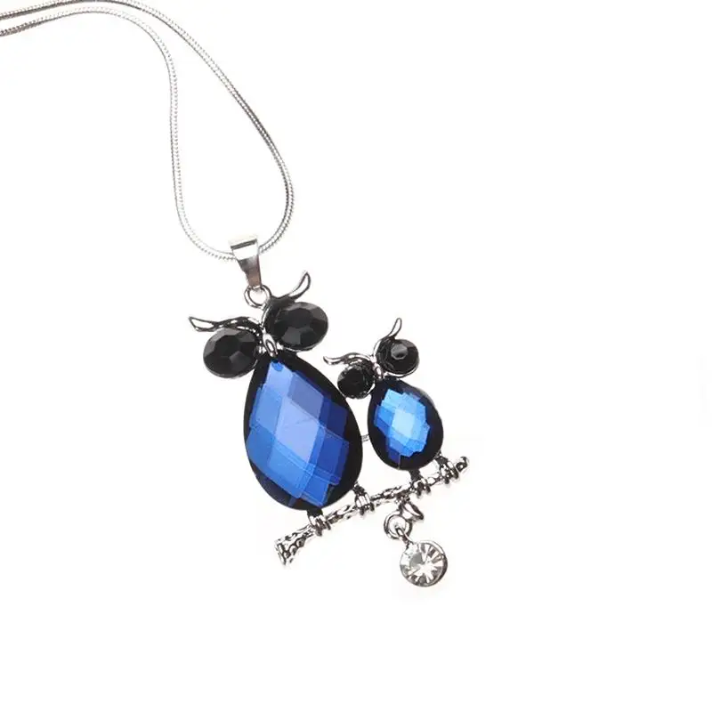 

Double Owl Pendant Necklace Women Fashion Jewelry Blue Crystal Long Necklace For Sweater Dress Accessories 2018 Bijoux Animal