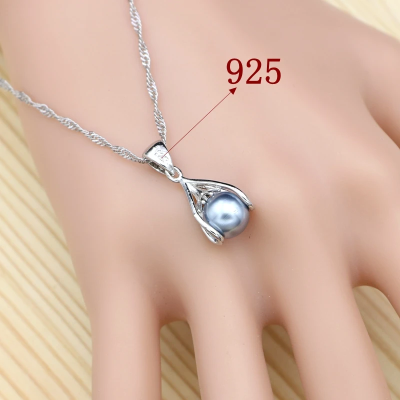 Серебряный 925 набор украшений для женщин серый жемчуг вечерние аксессуары серьги в виде капель/Кольцо/кулон/ожерелье