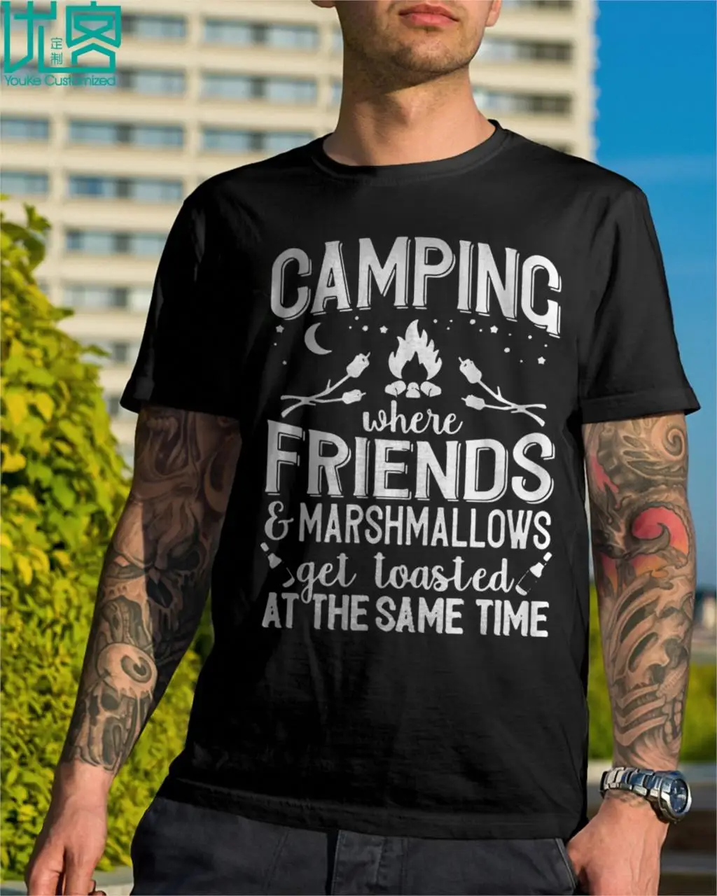 Мужская футболка с коротким рукавом Camping Where Friends And Marshmallows лето 2019|Футболки| |