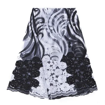 

African French Lace Fabric High Quality African Tulle Lace Fabric For Wedding stones French Lace Fabric Black white Color FL1278