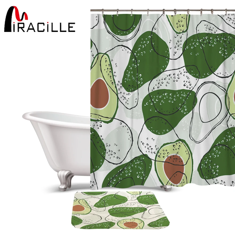 Miracille Avocado Bathroom Curtain Mat Set Waterproof Polyester Shower Curtains and Anti-slip Mat Home Decoration