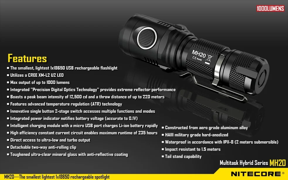 Nitecore MH20 XM-L2 1000LM нейтральный белый EDC светодиодный фонарик+ nitecore 3500mah аккумулятор+ nitecore UM10 зарядное устройство