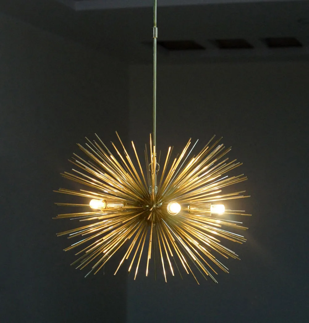 Mid century 5 Bulbs Gold Brass Sphere Urchin Chandelier Light Fixture+